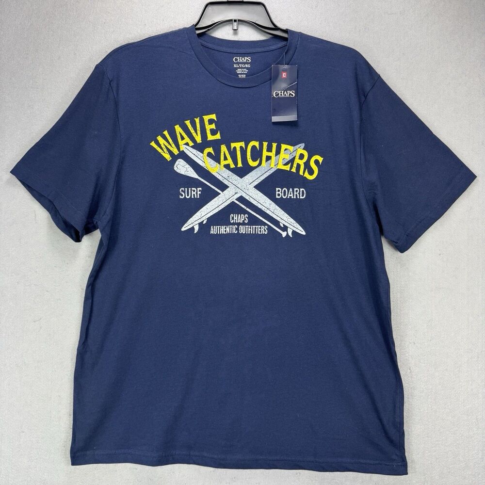 NWT Chaps Tee Shirt Men's XL Navy Blue Short Sleeve 'Wave Catchers Surfboard'